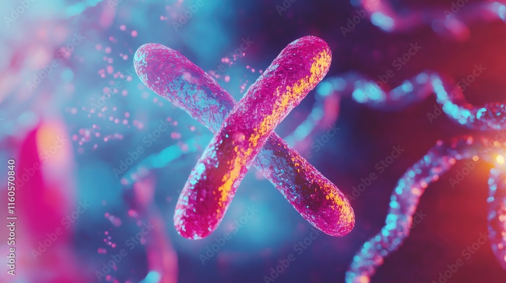 Poster 3d rendering of the x chromosome floating against a vibrant dna background, highlighting its role in