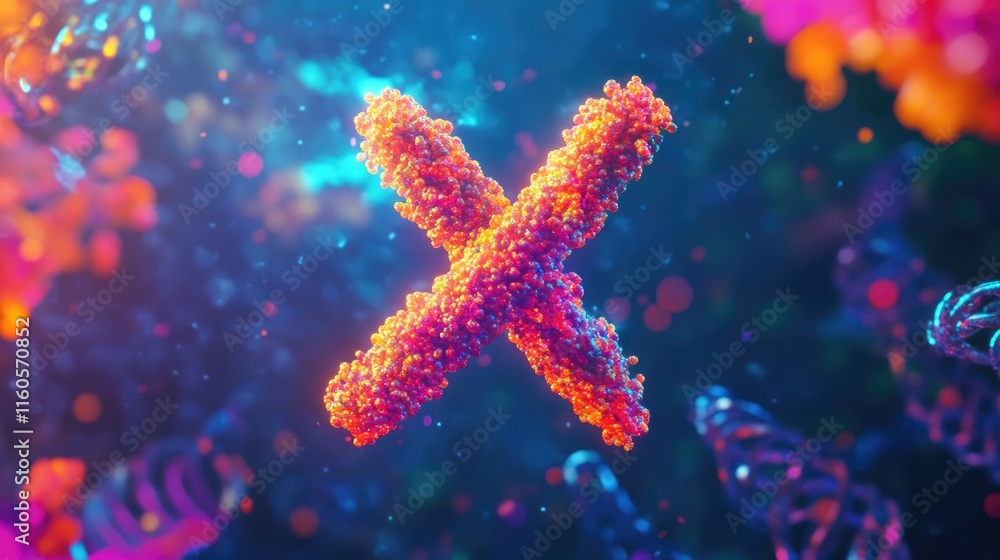 Poster 3d rendering of the x chromosome floating against a vibrant dna background, highlighting its role in