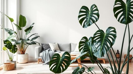 A beautiful monstera deliciosa plant sits elegantly in a modern Scandinavian living room, adding a touch of freshness and nature to the light and airy space, light, Scandinavian