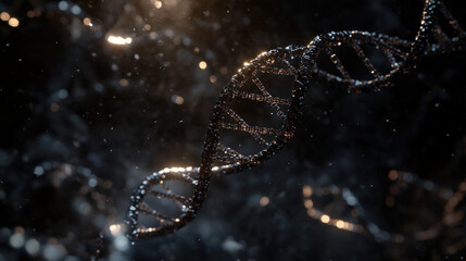 Close-up of intricate double helix structures representing ancient DNA molecules, highlighting the complexity and historical significance of genetic material, with copy space for text or design.