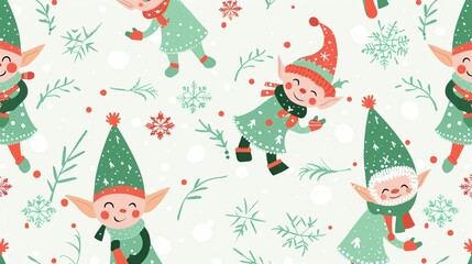 Hand-drawn Cute Christmas Elves in Hello Winter Season Vector Illustration