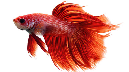 Fototapeta premium Red Betta Fish Elegance: A vibrant red betta fish, with flowing fins, swims gracefully against a clean, white background. Its intricate scales and captivating movements create a stunning visual.
