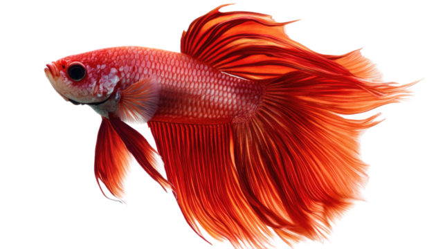Red Betta Fish Elegance: A vibrant red betta fish, with flowing fins, swims gracefully against a clean, white background. Its intricate scales and captivating movements create a stunning visual.