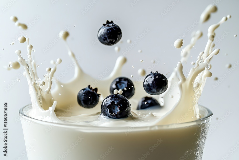 Poster splash of blueberries in milk, creating a dynamic and fresh visual.