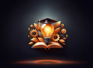 Illuminated lightbulb, graduation cap, and golden leaves atop an open book; gears and dollar signs surround, symbolizing knowledge, financial success, and education.