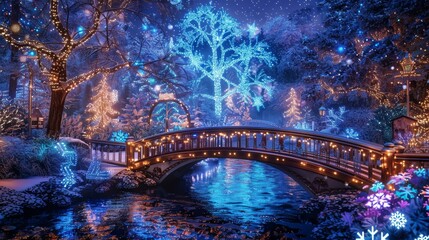 Enchanting park scene with a charming bridge over a river, illuminated festively under moonlight