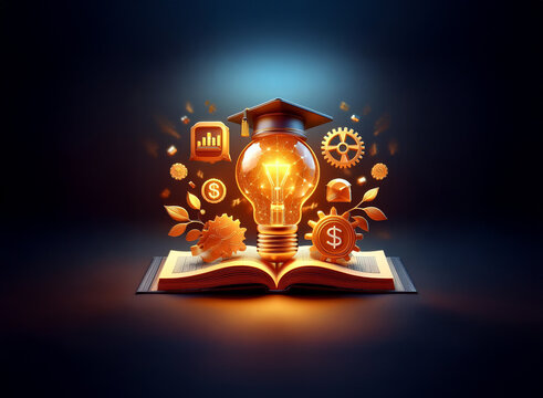 Illuminated lightbulb wearing a graduation cap emerges from an open book, surrounded by swirling icons representing knowledge, finance, and innovation.  A symbol of education's power to inspire succes