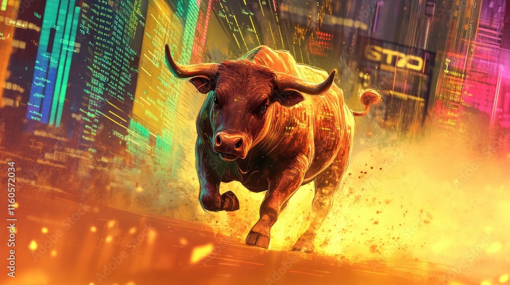 Aufkleber a bull charging forward with stock market charts and financial data in the background, symbolizing b