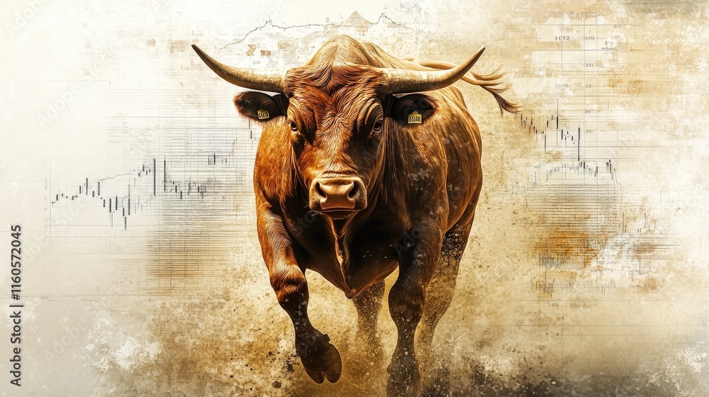 Aufkleber a bull charging forward with stock market charts and financial data in the background, symbolizing b