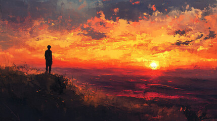 Fototapeta premium A figure staring at a sunset from a high vantage point, reflecting on the beauty of fleeting moments.