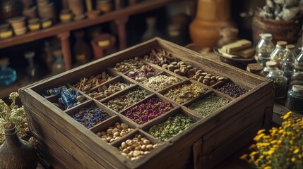 A carefully arranged wooden box with a variety of herbal remedies, displayed on an ancient-style table, creating an old-world medicinal atmosphere.