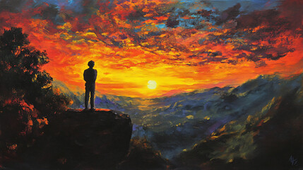 Fototapeta premium A figure staring at a sunset from a high vantage point, reflecting on the beauty of fleeting moments.