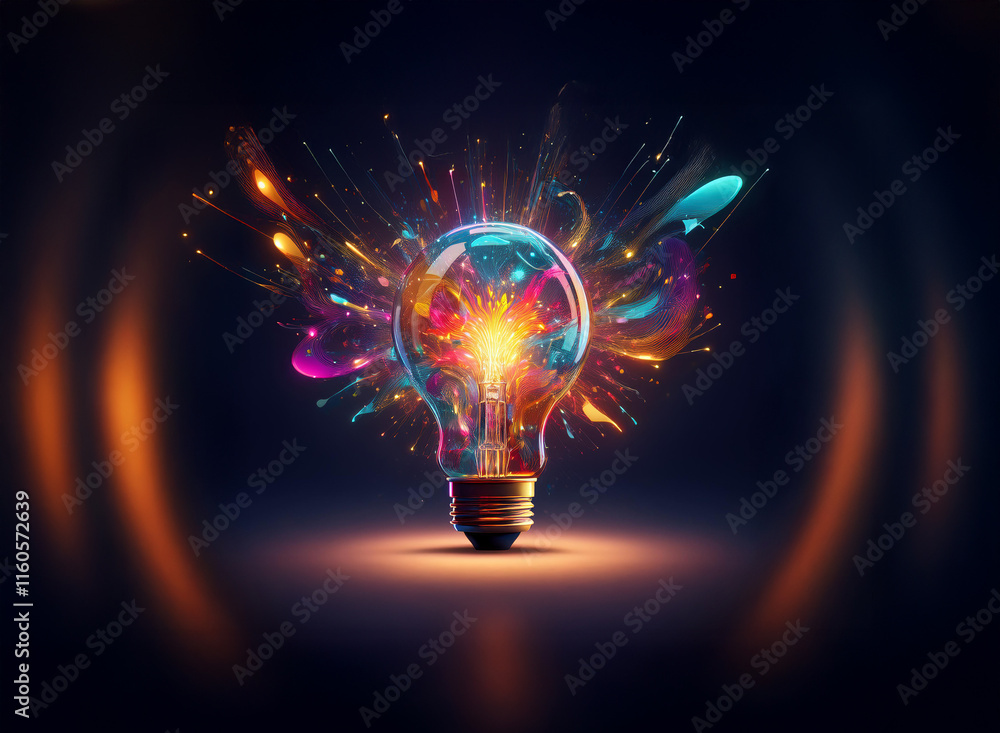 Poster a vibrant lightbulb explodes with colorful, dynamic splashes of paint, representing a burst of creat