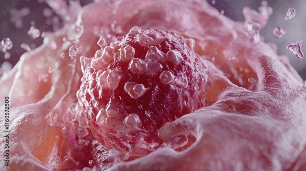 Poster a close-up 3d rendering of an embryonic stem cell under a microscope, symbolizing cutting-edge resea