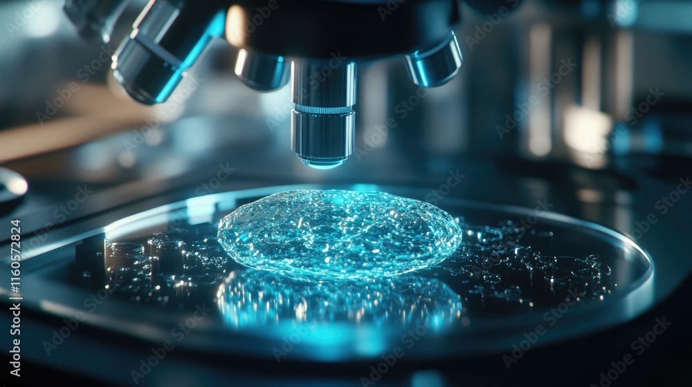 Poster a close-up 3d rendering of an embryonic stem cell under a microscope, symbolizing cutting-edge resea