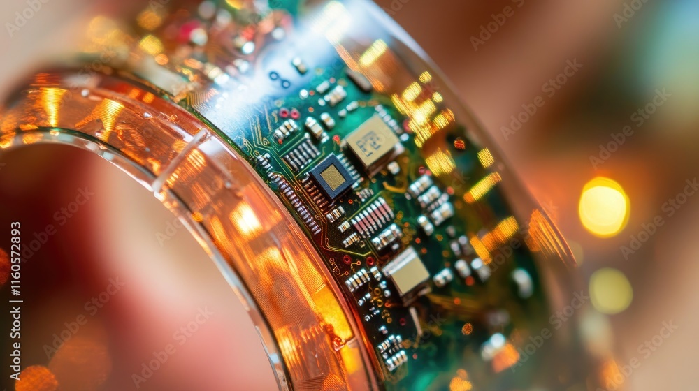 Aufkleber A close-up of a microchip embedded in a flexible wearable device, showing the fusion of technology and fashion in modern innovations.