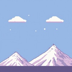 20241228122317list 10 A charming 8-bit pixel art of a glowing pixelated snow-capped mountain range with tiny pixelated climbers, glowing peaks, and sparkling stars, set on a pastel blue and 