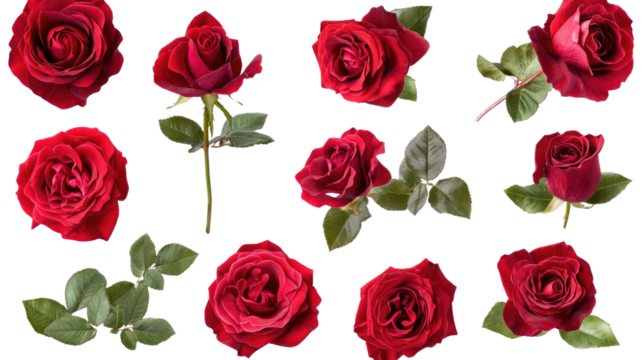 Crimson Rose Collection: A captivating array of twelve meticulously photographed red roses, showcasing diverse blooms and angles, perfect for design projects needing elegance and passion.