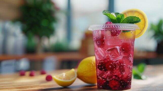 Refreshing berry fizz with lemon served in a clear plastic cup  a realistic beverage photo