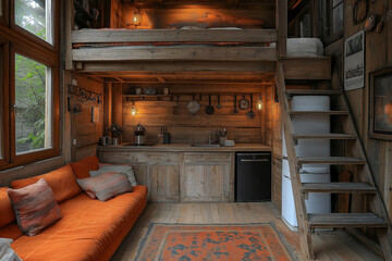 Photographie int&eacute;rieure d&rsquo;un petit studio rustique mettant en valeur un lit mezzanine en bois, kitchenette au style vintage, un canap&eacute; compact et &eacute;clairage chaleureux,  espace convivial et accueillant