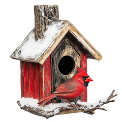 Winter Cardinal on Birdhouse, Isolated, transparent Background