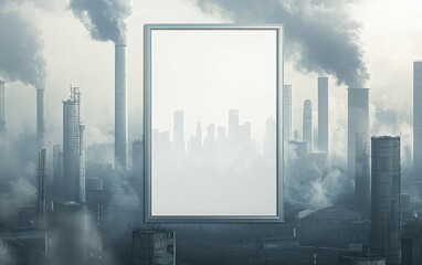 Blank white poster framed in sleek silver, set against a backdrop of a polluted city skyline with smog and smoke