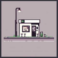 20241228122317list 18 A delightful 8-bit pixel art of a glowing pixelated coffee shop with tiny pixelated tables, glowing cups, and sparkling windows, set on a pastel beige and brown background 