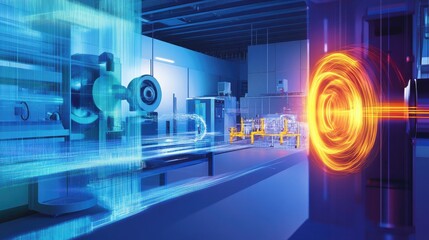 A conceptual illustration of electric and magnetic forces being examined in a high-tech experimental physics lab.
