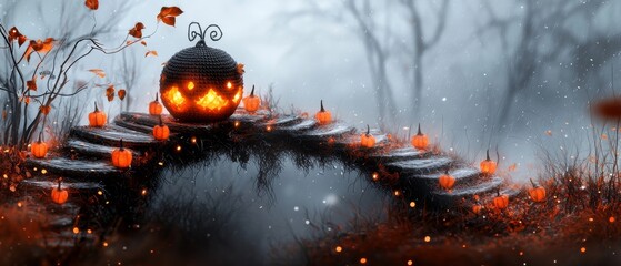 Enchanting Halloween Pumpkin Bridge Autumnal Fantasy Spooky Scene