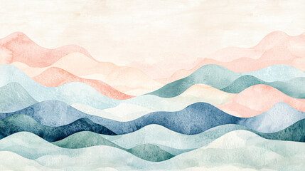 Obraz premium A watercolor painting of a serene landscape with pastel pinks, blues, and greens blending softly.