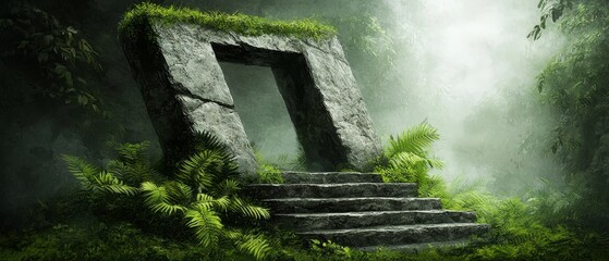 Mysterious Stone Gateway in Lush Jungle Ancient Ruins Steps Fog