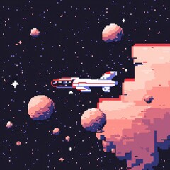 20241228122317list 28 A fun 8-bit pixel art of a glowing pixelated asteroid belt with sparkling stars, glowing planets, and a tiny pixelated spaceship navigating through, set on a pastel purple 