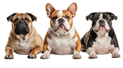 Obraz premium Trio of Bulldogs: Three adorable Bulldogs, a fawn, a red and white, and a black and white, sit side-by-side, gazing directly at the camera.