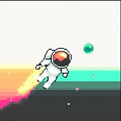 Obraz premium 20241228122317list 29 A fun 8-bit pixel art of a glowing pixelated astronaut floating in zero gravity, surrounded by pixelated tools, glowing stars, and a sparkling planet in the background, 