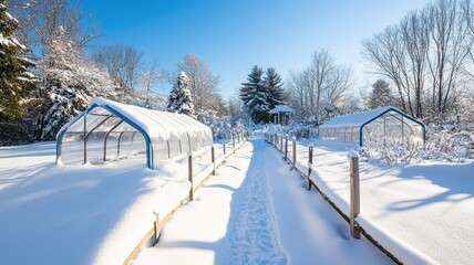 Snow-Covered Paths Surrounding Functional Cold Frames in a Winter Garden Landscape