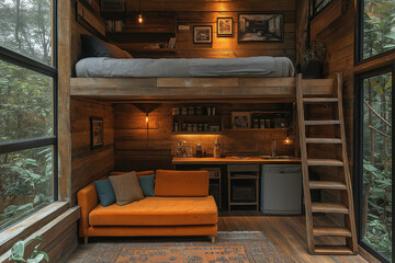 Photographie intérieure d’un petit studio rustique mettant en valeur un lit mezzanine en bois, kitchenette au style vintage, un canapé compact et éclairage chaleureux,  espace convivial et accueillant