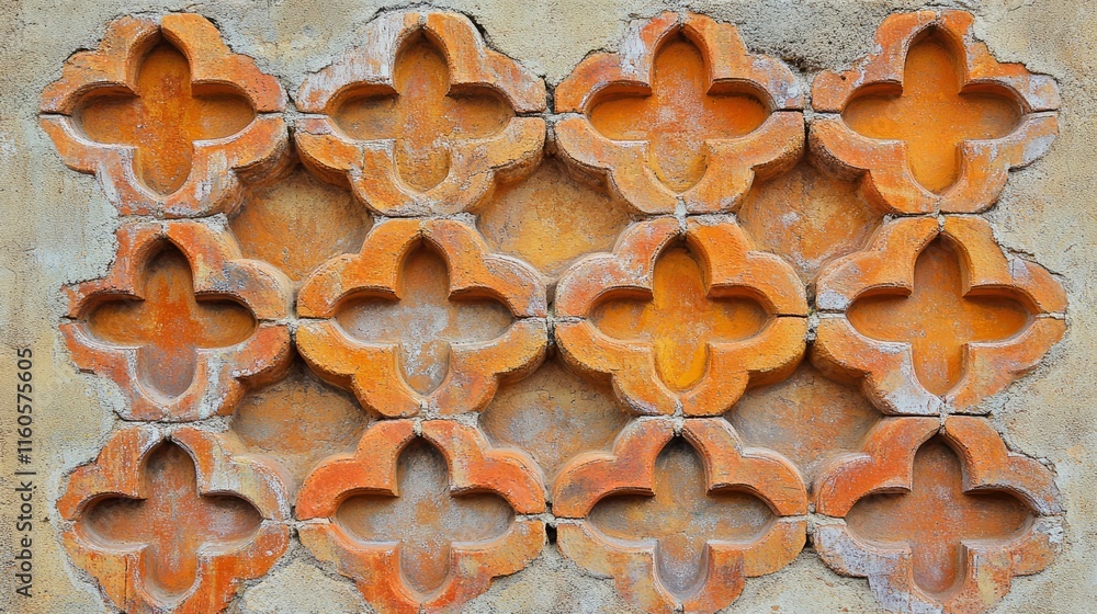 Poster background texture of an orange clay face brick wall with decorative pattern of interspersed half br