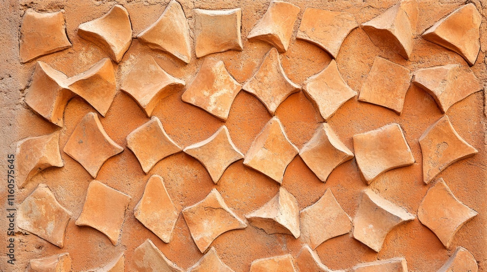 Poster background texture of an orange clay face brick wall with decorative pattern of interspersed half br