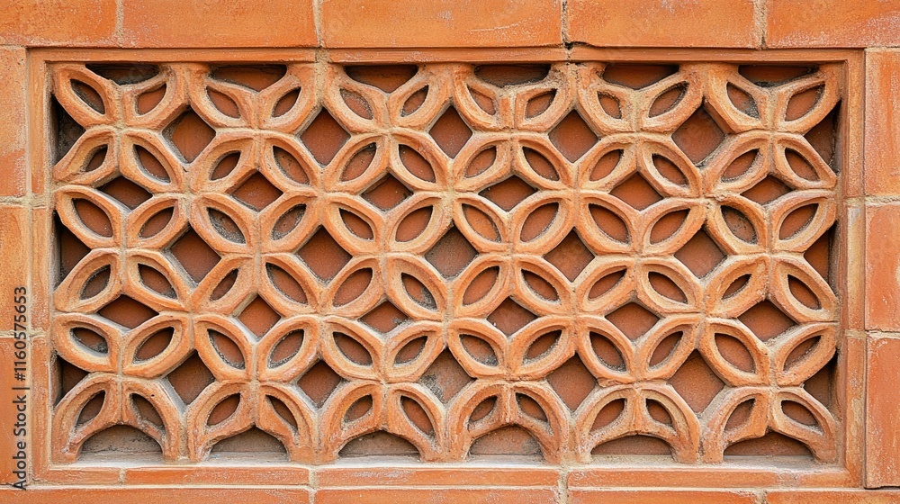 Poster background texture of an orange clay face brick wall with decorative pattern of interspersed half br