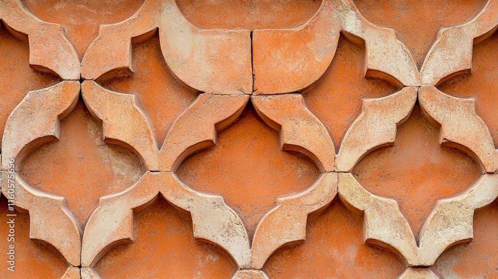Poster background texture of an orange clay face brick wall with decorative pattern of interspersed half br