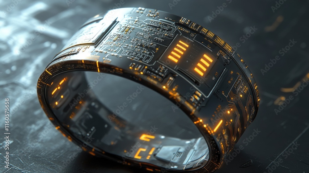 Poster A detailed view of a microchip integrated into a flexible wearable device, highlighting its compact design and technological sophistication.