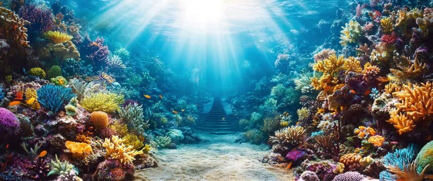 an underwater view with colorful coral and sea plants