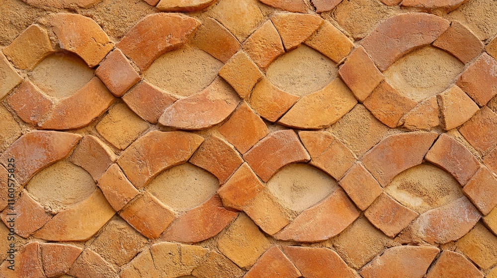 Poster background texture of an orange clay face brick wall with decorative pattern of interspersed half br