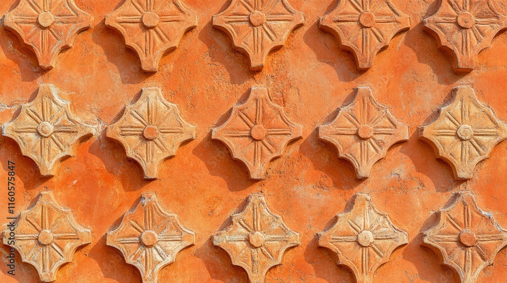 Poster background texture of an orange clay face brick wall with decorative pattern of interspersed half br
