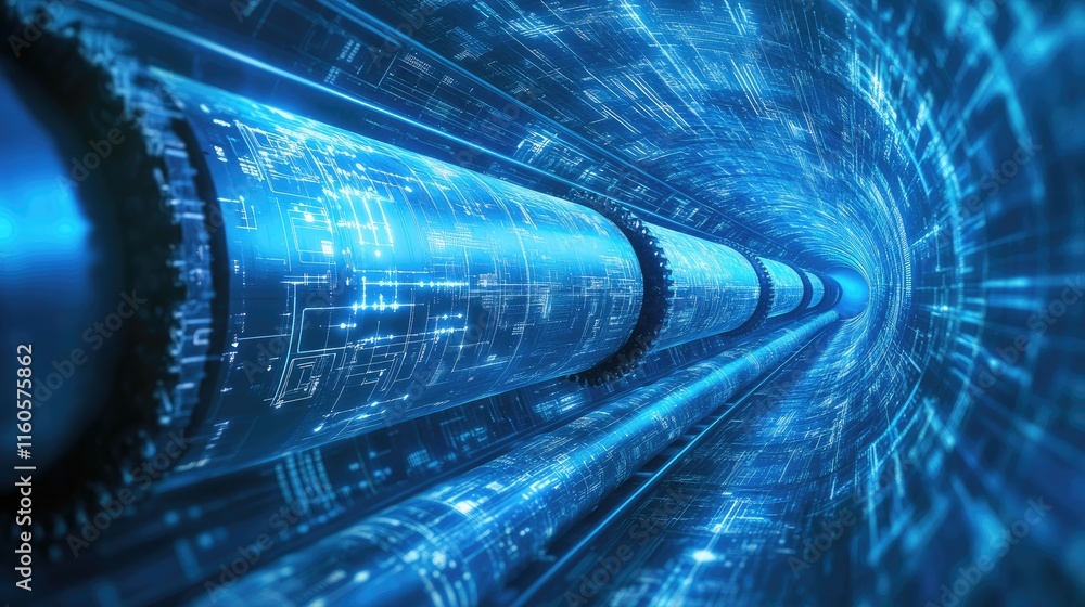 Poster A digital pipeline diagram representing SaaS and automation solutions transforming industries, with side copy space for text.