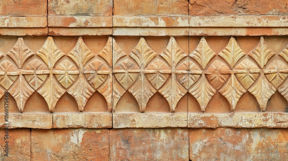 Poster background texture of an orange clay face brick wall with decorative pattern of interspersed half br