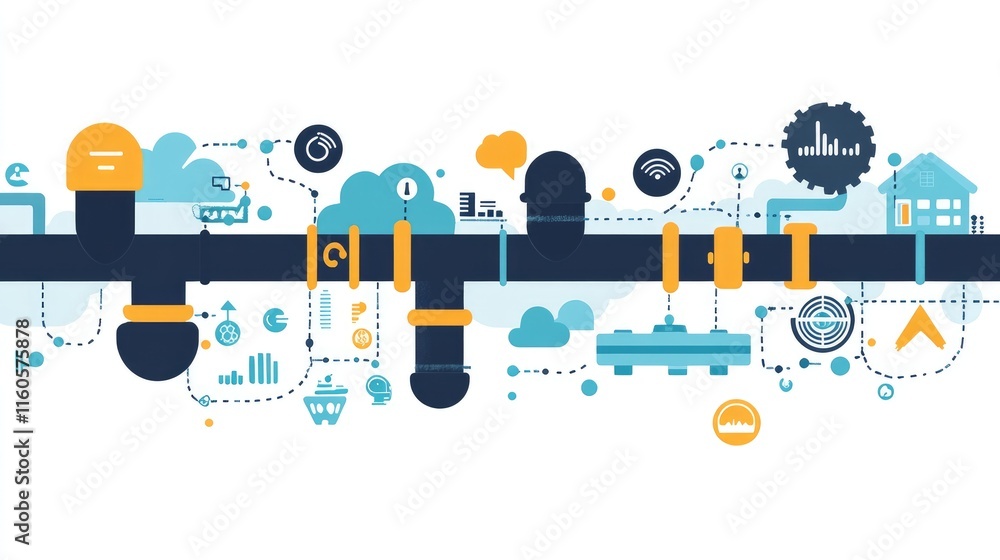 Aufkleber a digital pipeline diagram representing saas and automation solutions transforming industries, with 