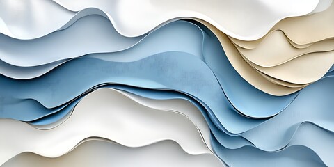 Obraz premium Abstract wavy background with blue, white, and beige layers.