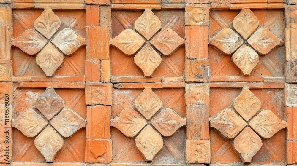 Poster background texture of an orange clay face brick wall with decorative pattern of interspersed half br