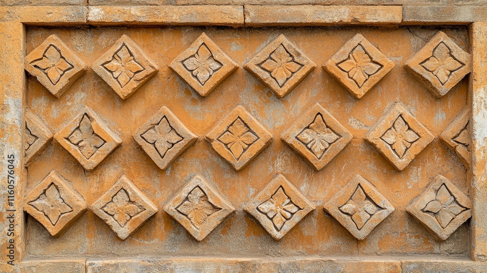 Poster background texture of an orange clay face brick wall with decorative pattern of interspersed half br